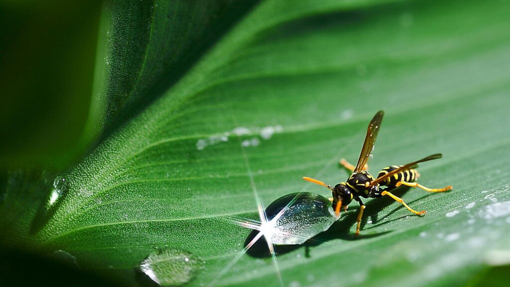 Paper wasp drinking from a sparkling water droplet on a green leaf