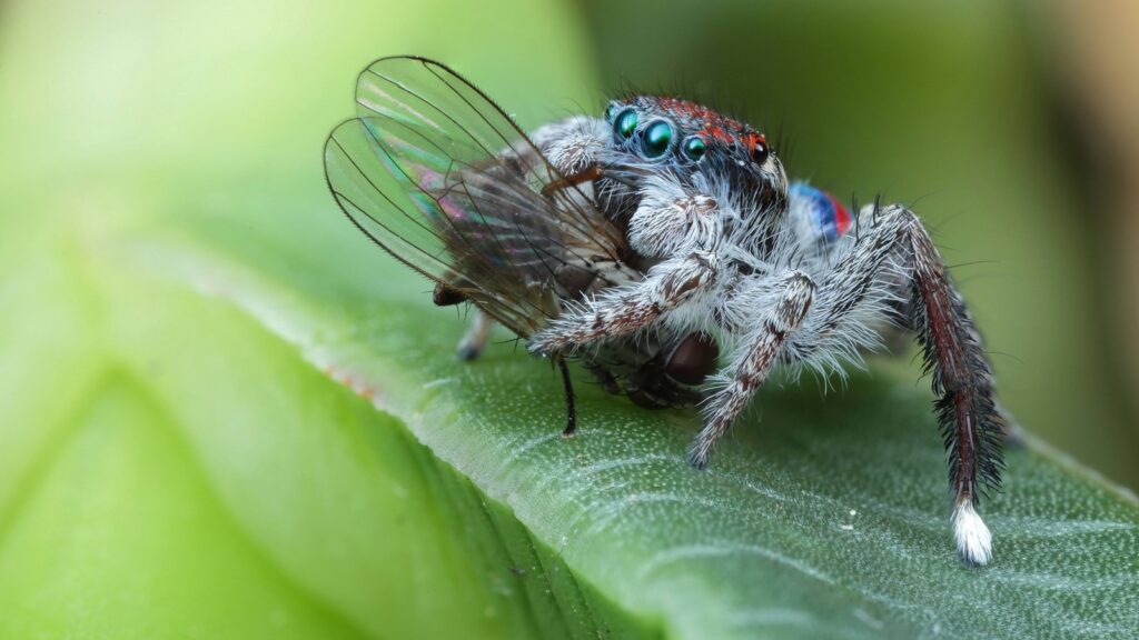 Jumping spider with prey on a leaf