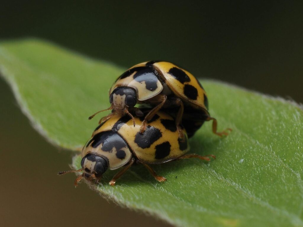A close-up image of two ladybugs mating on a green leaf in natural light.