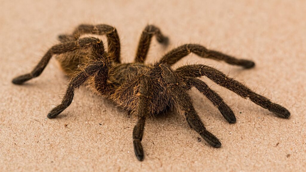 A Chilean Rose Hair Tarantula on a beige surface, displaying its hairy brown body and legs.