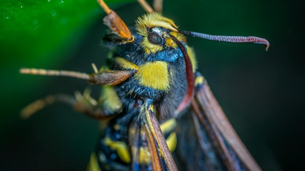 Detailed macro shot of a hornet moth perched on a green leaf highlighting its vibrant colors.