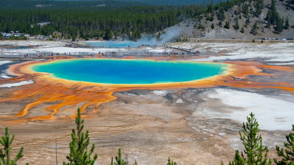 Stunning aerial shot of Grand Prismatic Spring, Yellowstone's colorful hot spring.