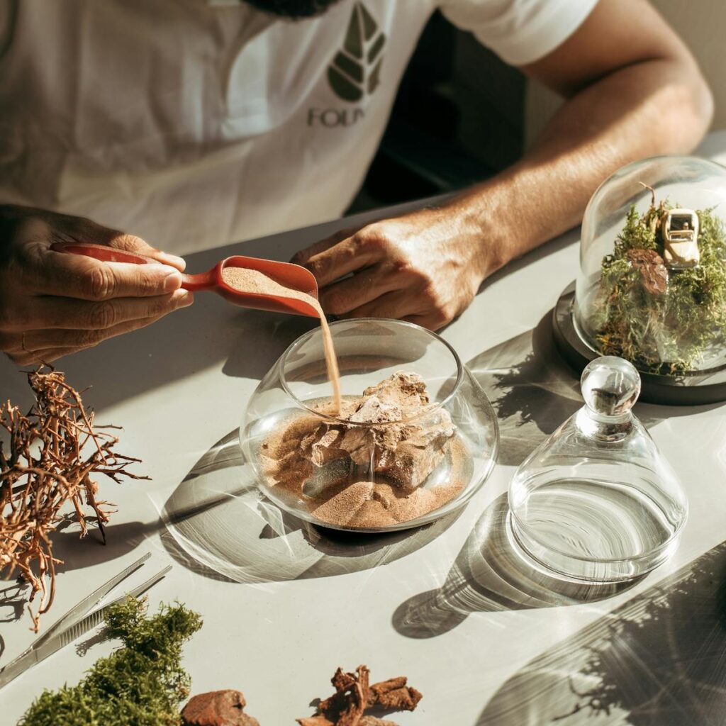A person setting up a terrarium.