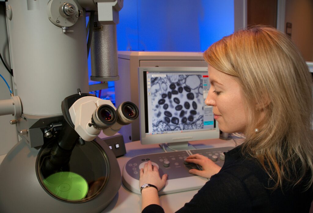 A scientist examining insects under a microscope with evolutionary charts in the background