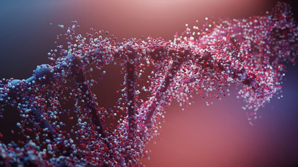 Close-up of a bee with digital gene sequencing strands and lab tools
