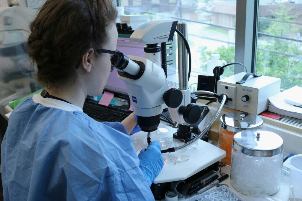 Lab technician analyzing isotope ratios from insect tissues