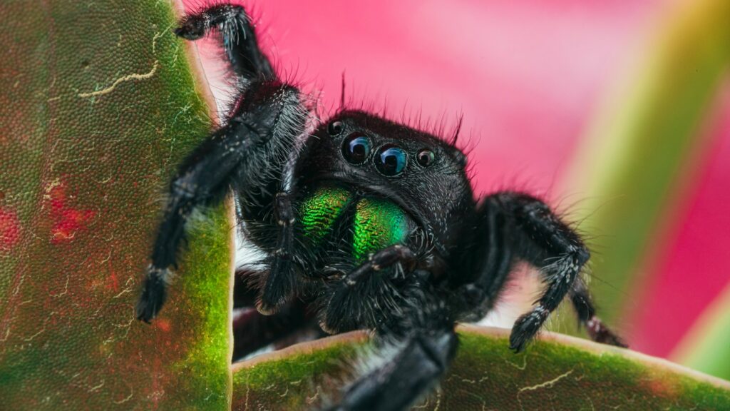 Bold black jumping spider with iridescent green fangs on a plant