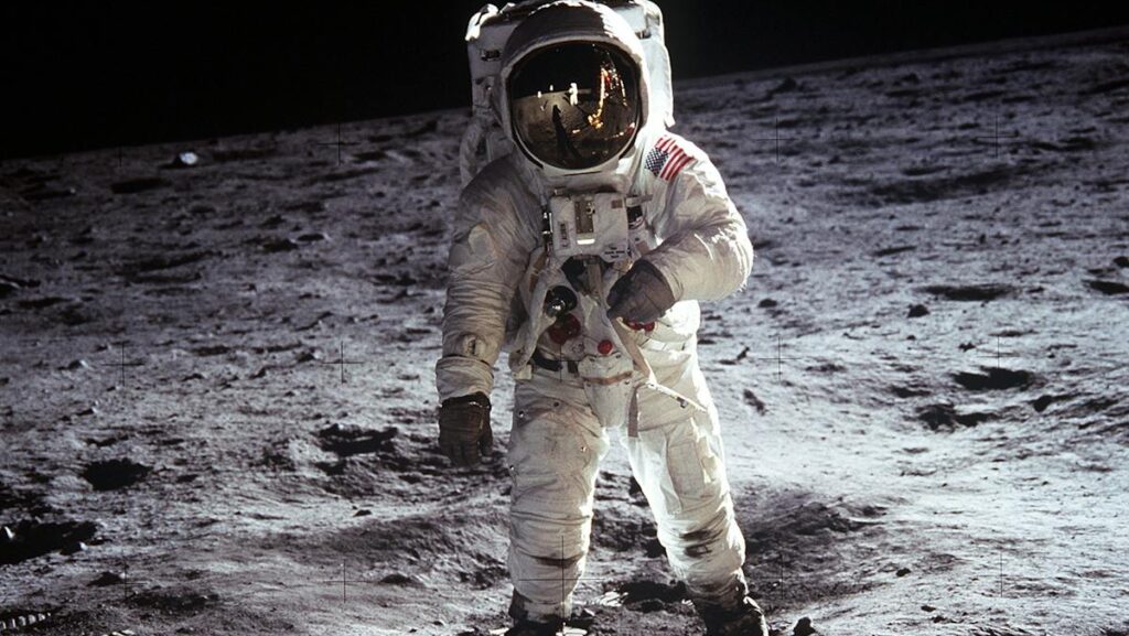 Historic image of an astronaut on the moon during the Apollo mission, showcasing space exploration.
