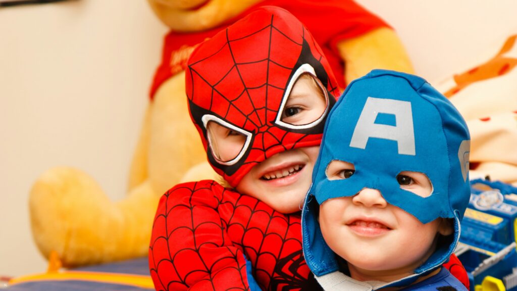  Montage of children and adults enjoying bug-themed superheroes in comics and cartoons