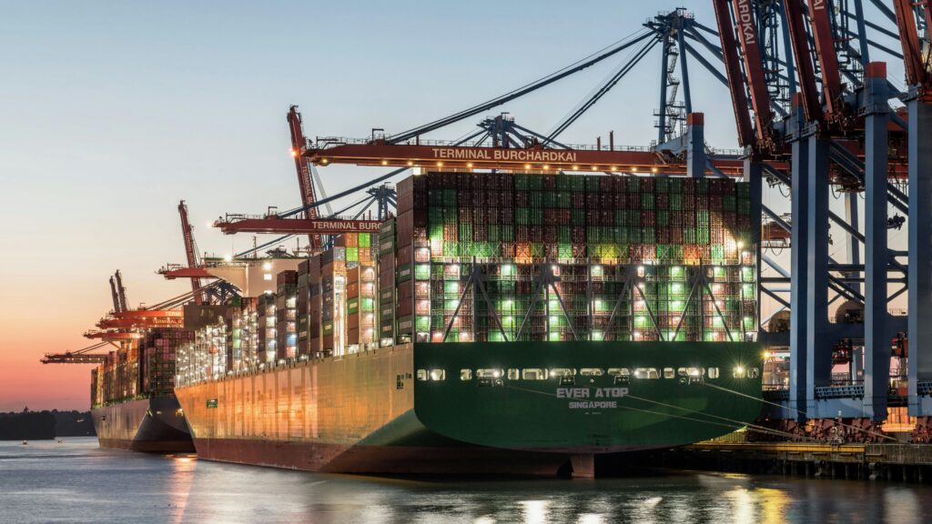 Cargo ship with shipping containers representing global mosquito transportation

