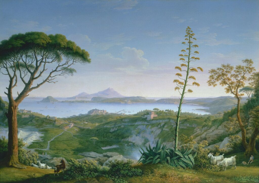 A painting of a landscape with animals and trees