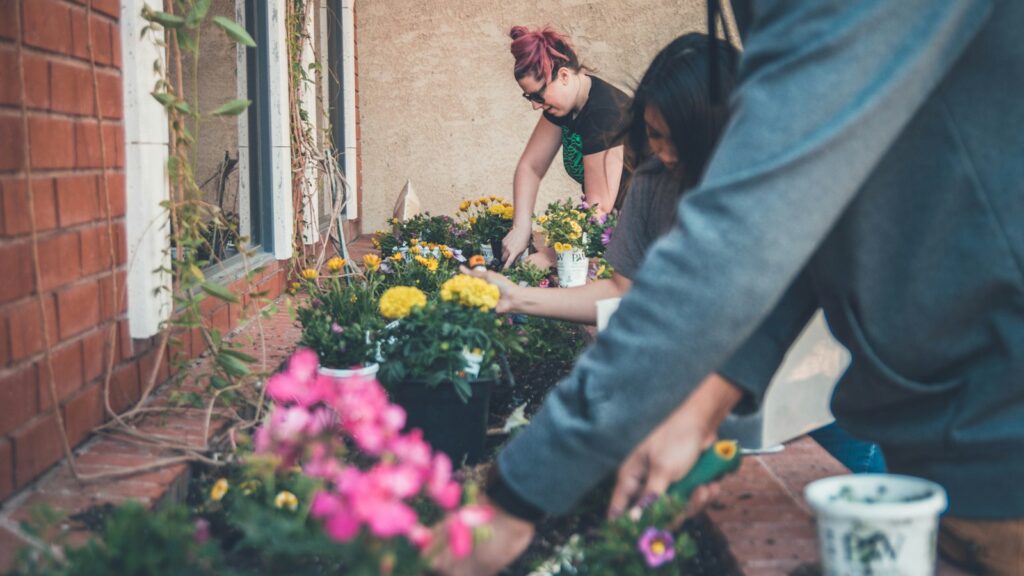 three people planting flowers